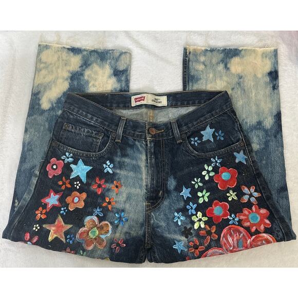 Levi's 501 Straight Cropped Cutoff Hand Painted Denim Jeans W30 - Picture 3 of 6